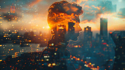 Double exposure of a man and futuristic city, symbolizing modern business and digital growth