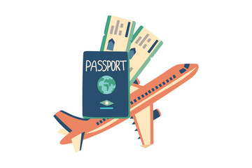 Summer vacation plane tickets, passport and airplane isolated on white. Travel concept. Vector illustration in flat style.