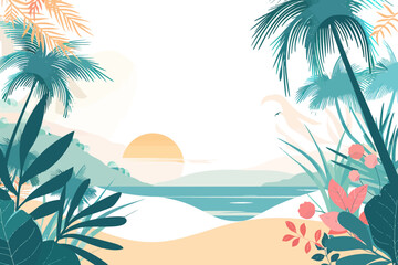 Tropical Beach Sunrise with Palm Trees. Vector illustration design.