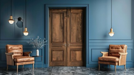 Wooden door in modern interior design of living room with armchairs and lamps on blue wall, 3d...