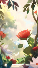 Illustration of Vibrant Red Blossoms Amidst Lush Greenery on a Sunny Day