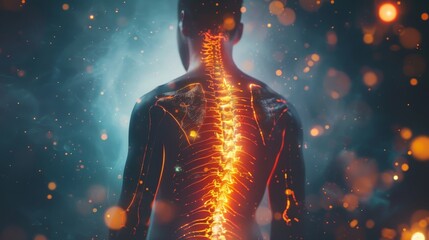This illustration illustrates a man suffering from back pain and a glowing representation of the spine, emphasizing the complex structure and vulnerability of the spinal region.