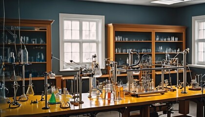 A classic chemistry lab setup with an array of scientific apparatus, showcasing a detailed and organized research environment.. AI Generation
