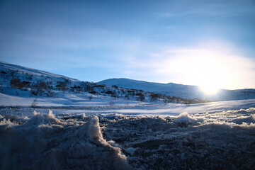 Ice crystals in a snow-covered landscape in the high mountains of Norway