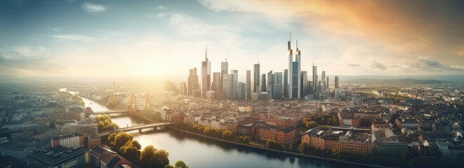 Modern City Skyline at Sunset with River View