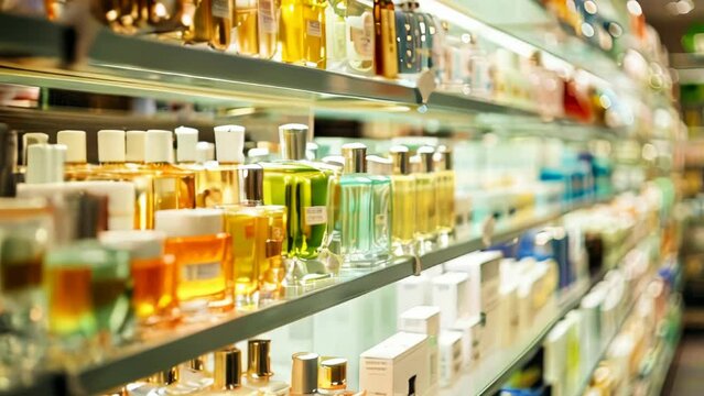 A perfume store with shelves filled with various scents and body care products