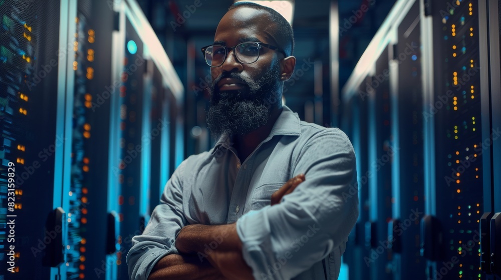 Poster standing black it engineer with crossed arms in the middle of a data center server room in which ser