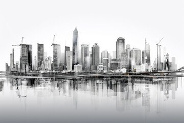 Monochrome City Skyline and Water Reflection