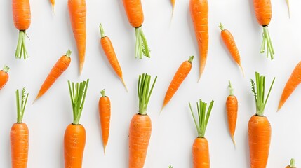 Vibrant fresh carrots arranged on a white background. Perfect for food blogs and healthy lifestyle promotions. Ideal for veggie lovers. Modern and minimalist style. AI