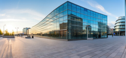 Glass Facade Corporate Building in Evening Light