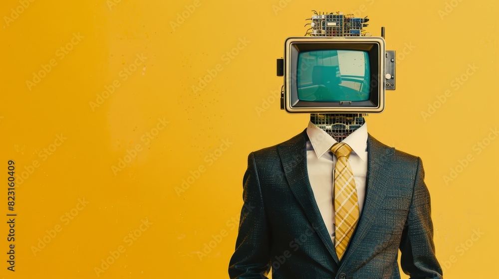 Fototapete over a yellow background, an art collage of a man in a suit with a retro computer head twisting wrap