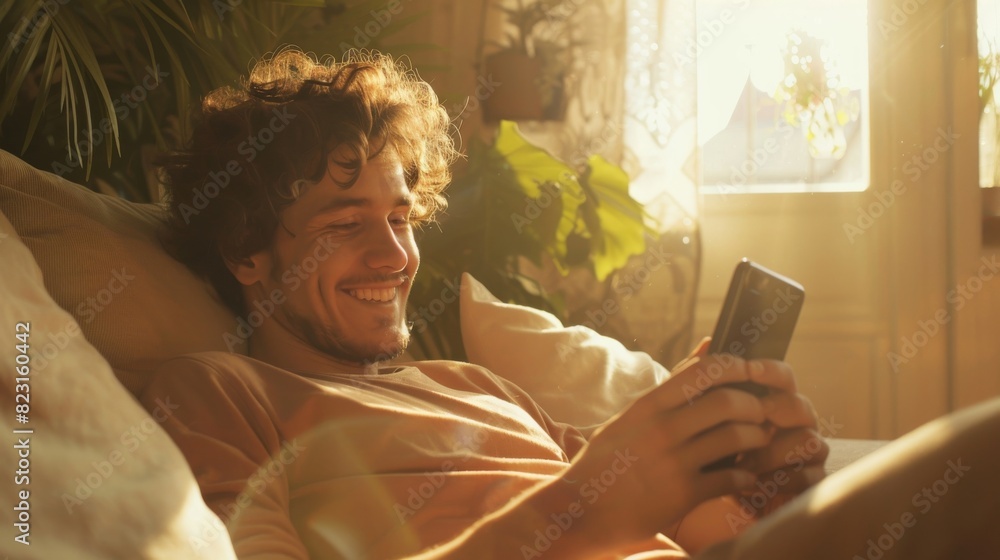 Poster smiling man browsing the web, using social networks, having fun at home while using a smartphone wit