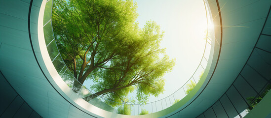 modern Round office building glass with big green tree inside. sustainable architecture concept