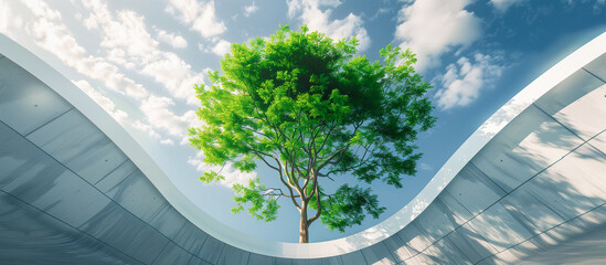 modern Round office building glass with big green tree inside. sustainable architecture concept