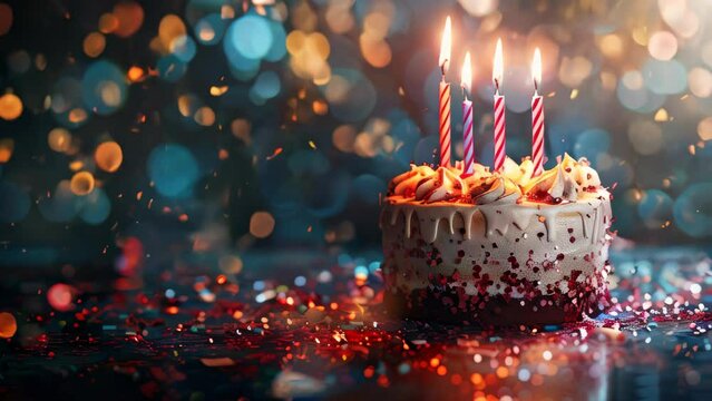 A birthday cake with candles on blurred background