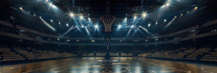Basketball arena with dramatic lighting, free throw line in front of goal
