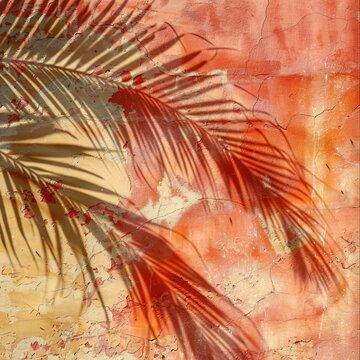 Palm tree shadows on color gypsum rough plaster background, palm branch on shabby wall pattern