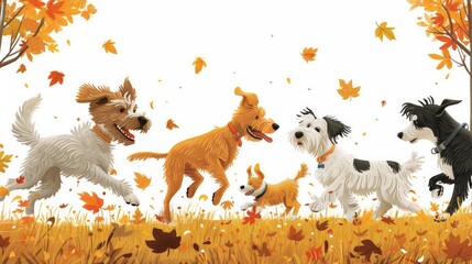 A playful illustration of a group of dogs playing in a park, capturing the joy and companionship of canine friends. 