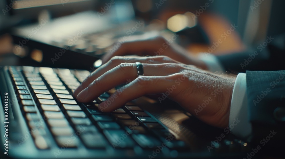 Poster A close-up view of the Man's hands as he types on a keyboard wearing a suit.