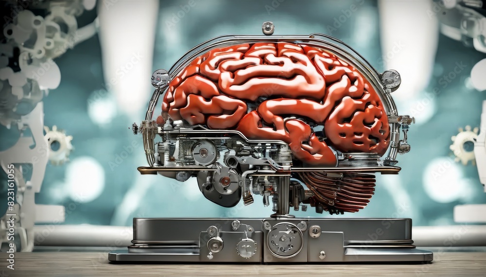 Poster a complex mechanical brain structure with gears and levers, set against a backdrop of gears, symboli