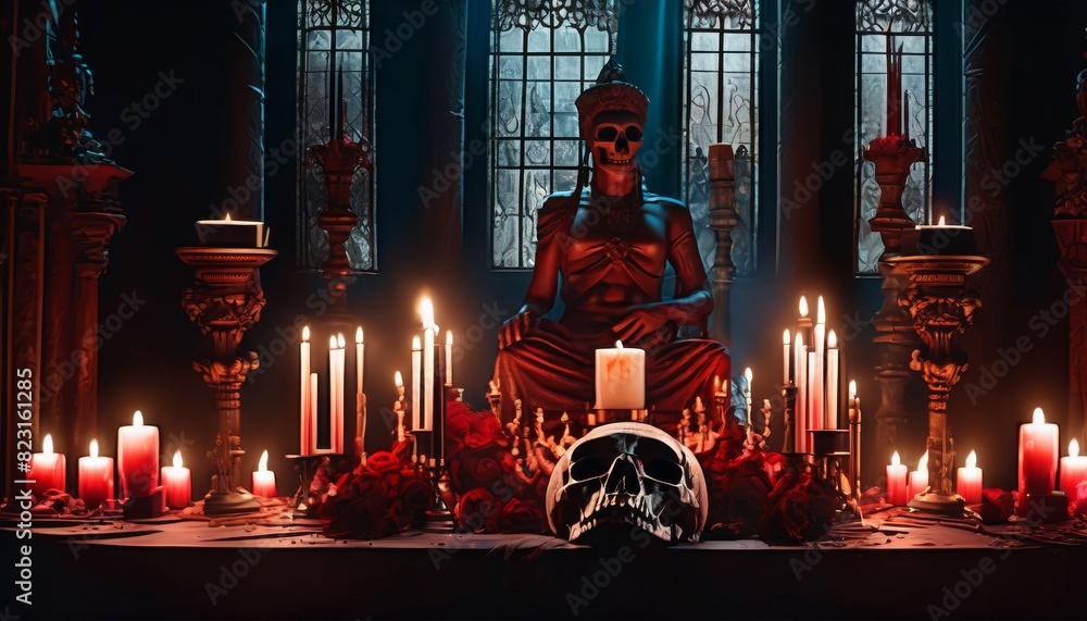 Poster a dark and mystical scene inside a candle-lit chamber with a central skull, surrounded by many candl