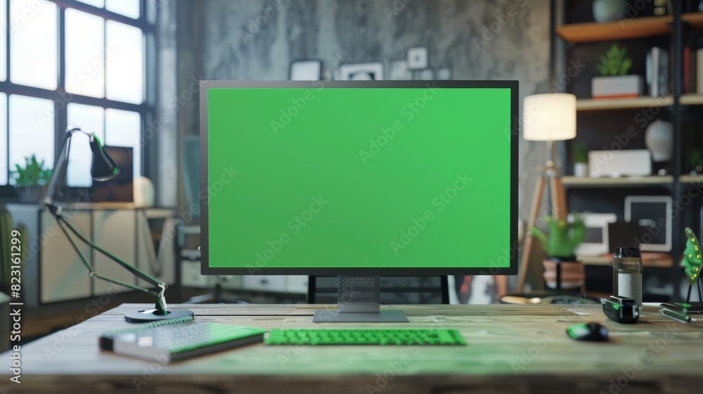 Aufkleber a large green mock-up screen computer stands on a desk in a creative modern office. high ceilings ca