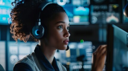 She answers clients' questions in a headset for a large technological company. Displays show useful infographics and the office has a multiethnic team of specialists.