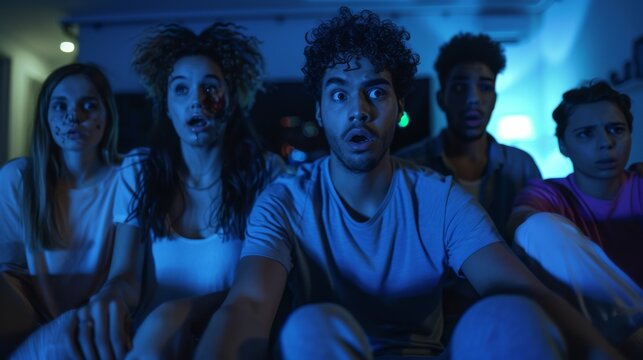 In the home, diverse groups of friends watch TV together, getting horrified and emotionally traumatized by the content of television. The young people are scared after watching news or horror movies.