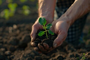 Fototapeta premium Young plant sprouting from soil in hands cradle, growth and care plant, dirt-covered hands seedling