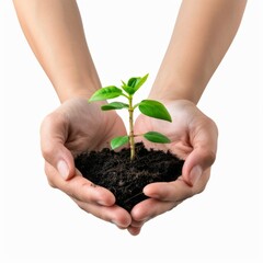 Plant in hands isolated, young sprout, new plant growing in soil, organic farming, environment care, earth day