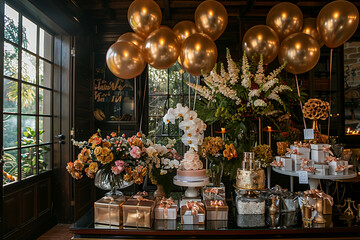 A sophisticated anniversary scene with white and pink balloons, a centerpiece of peonies and tulips, a three-layer cake with cascading roses, and beautifully wrapped gifts with personalized tags
