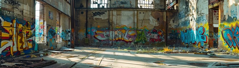 Panoramic view of an abandoned, graffiti-covered warehouse with sunlight streaming through broken windows onto the concrete floor.
