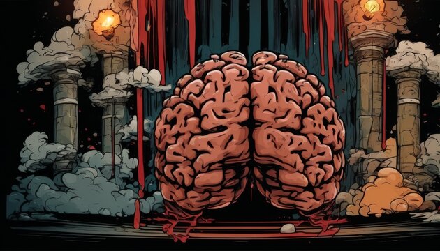Artistic comic-style rendering of a human brain standing powerfully amidst ruins and explosive clouds.. AI Generation