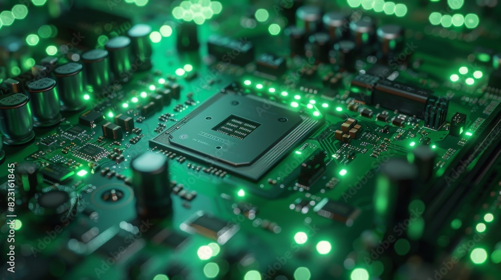 Poster macro close-up photo of cpu processor socket on green printed circuit board or computer motherboard 