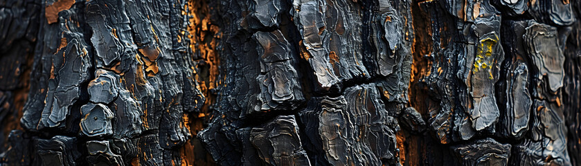 Detailed close-up of the intricate patterns and textures of the tree trunk bark, resembling a mix of wood, rock, and soil erosion layers on a terrestrial plant surface.