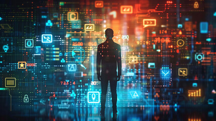 Man standing against a digital background with icons of communication and online business