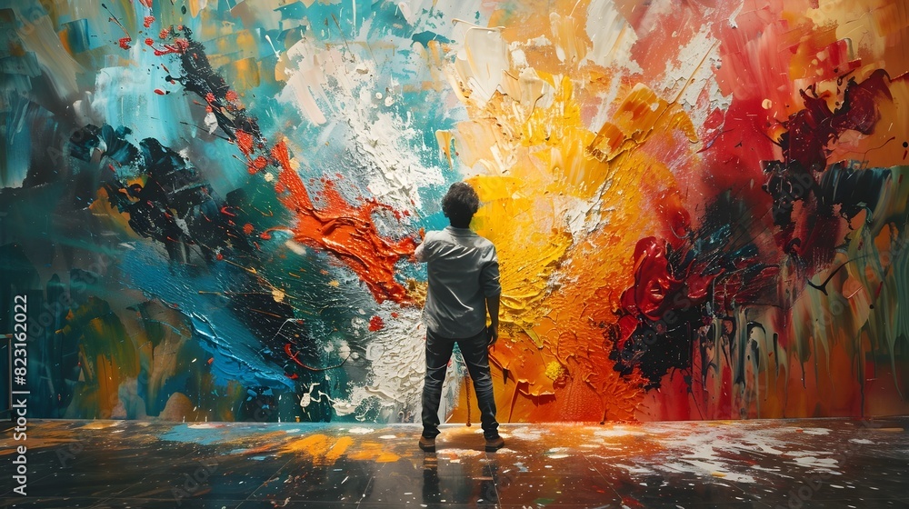 Poster vibrant abstract painter splashing colorful strokes on massive canvas in creative studio setting
