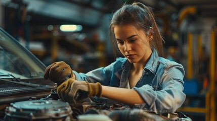 Mechanic working on a vehicle at a car service. Image depicts an empowered woman using a ratchet and gloves. - Powered by Adobe