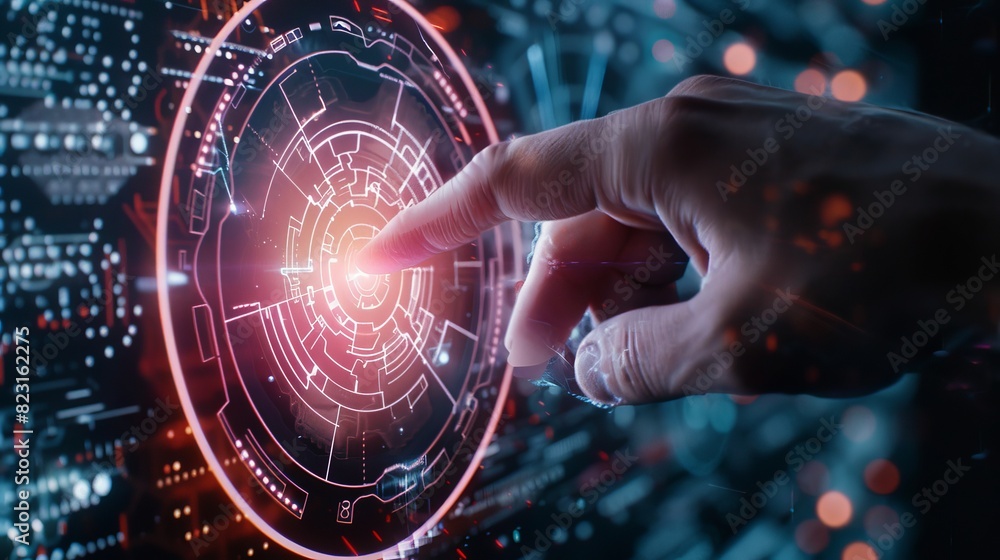 Poster visualization of machine learning, ai, computer technology merging with humankind. human finger push