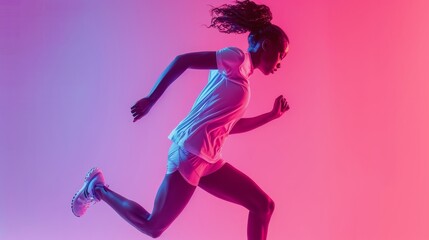 Young girl running over pink studio background in neon light, in uniform. Concept of sportive lifestyle, health, endurance, motion, and action.