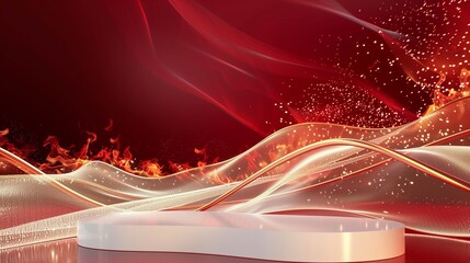 A minimalist white podium featuring elegant golden curve lines, set against a deep red luxury background with a dynamic fire pattern and glittering light effects.