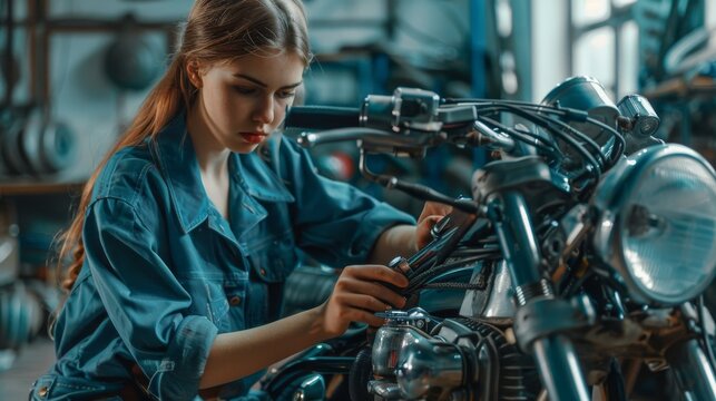 Female Mechanic Fixed a Custom Bobber Motorcycle. Talented Girl Wearing a Blue Jumpsuit. She Used a Ratchet Spanner.