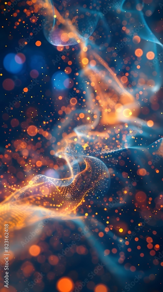 Poster visualizing the quantum realm subatomic particle movements in vivid abstract patterns