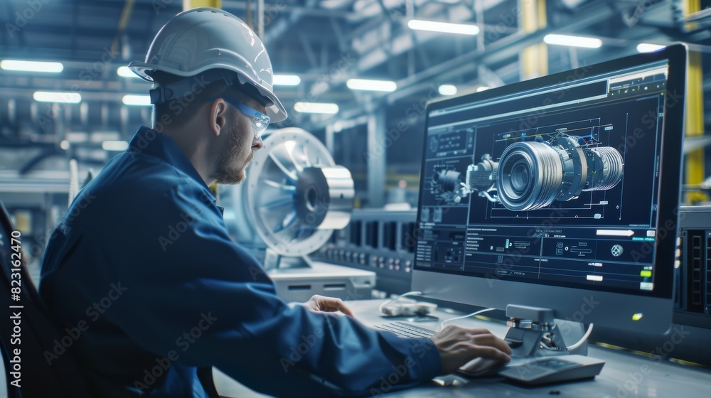 Poster heavy industry engineer uses personal computer, showing 3d prototype of zero-emission engine. cnc ma