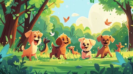 Obraz premium A playful illustration of a group of dogs playing in a park, capturing the joy and companionship of canine friends. 