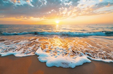 Colorful Sunset on Beach with Waves and Foam