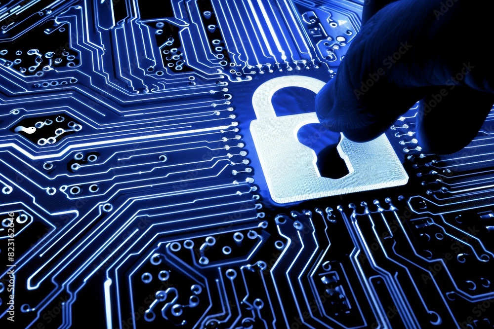 Aufkleber Secure Microchip with Hand Interaction and Blue Circuit Design