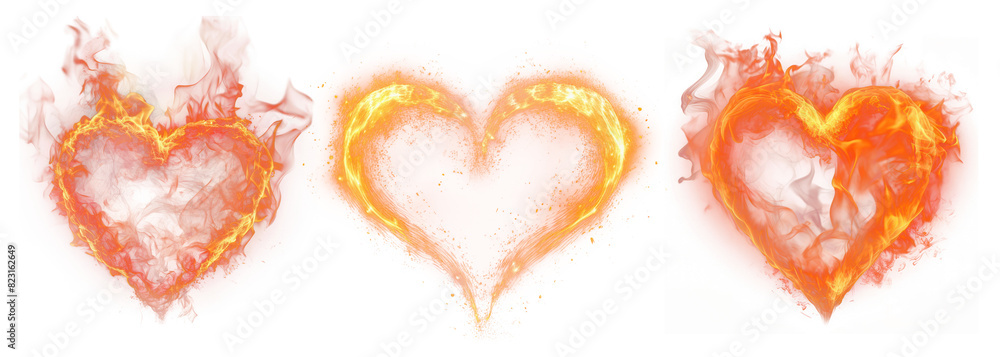 Poster heart fire effect png element set on transparent background