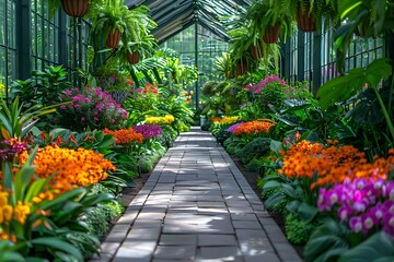 sunlit botanical garden greenhouse interior with a symmetrical stone path leading through lush