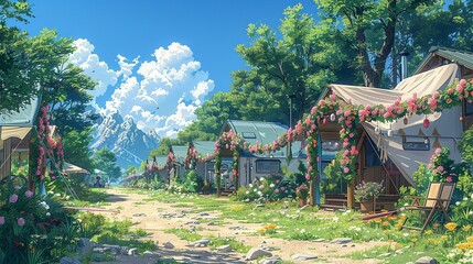 Summer Time, Flower Garland Decor at Campground: An illustration of a campground decorated with pastel flower garlands, adding a festive touch to the spring landscape. Illustration image,